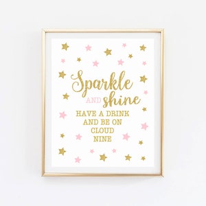 Sparkle and shine Twinkle twinkle little star first birthday decoration, party favors, pink and gold, instant download