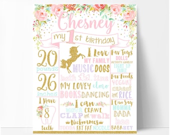 May include: A pink and gold first birthday milestone poster with a unicorn illustration. The poster lists the child's age, weight, height, favorite activities, foods, and nicknames. The text reads "Chesney my 1st birthday".