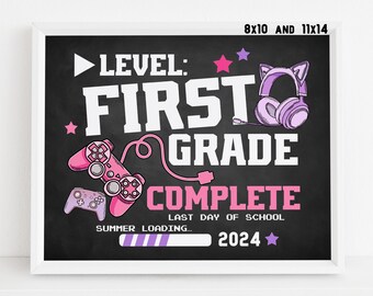 Last day of 1st grade sign printable, Gamer Girl End of school year 2024 Video game chalkboard poster Digital file Instant download