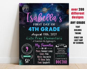 May include: A galaxy-themed first day of school sign for a 9-year-old student named Isabella. The sign is decorated with planets and stars. It includes the student's name, grade, school, teacher, and favorite things. The sign is customizable with different text colors, themes, and designs.