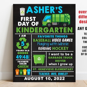 Müllwagen Erster Schultag Schild druckbar, Junge zurück zur Schule Tafel, Vorschule Kindergarten Vorschule 1.2. 3. 4 5 Klasse digital