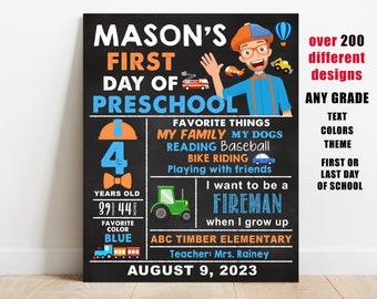 May include: A black chalkboard sign with a blue and orange color scheme. It says "Mason's First Day of Preschool" and includes details like his age, favorite things, and future career aspirations. The sign also includes the name of his school, "ABC Timber Elementary", and his teacher, "Mrs. Rainey".