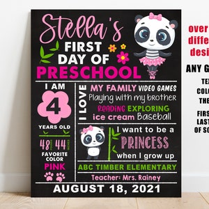 Panda Erster Schultag Schild druckbar, Mädchen zurück zur Schule Kreidetafel, 1. Kindergartentag, Vorschule, 1. 2. 3. 4. 5 Klasse, vork