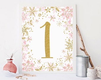 Number One sign printable, winter onederland first birthday party, pink and gold watercolor snowflakes, table decoration