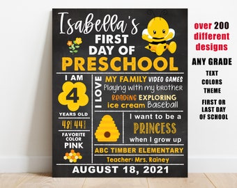 Bee First day of school sign printable, girl back to school chalkboard poster, preschool, kindergarten, pre-k, 1st 2nd 3rd ANY grade digital