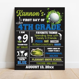 May include: A personalized chalkboard-style sign for Kannon's first day of 4th grade. The sign includes the text "Kannon's", "4th Grade", "9 years old", "60" tall, 106 lbs", favorite things, and favorite color blue. The sign also includes a golf ball graphic.