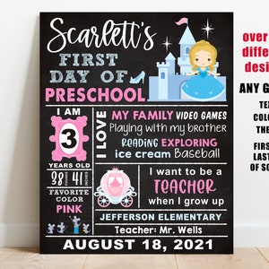 Princess First day of school printable sign, girl back to school chalkboard, preschool, kindergarten, pre-k 1st 2nd 3rd grade digital