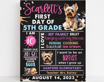 Yorkshire terrier First or last day of school sign printable, Girl back to school chalkboard, kindergarten preschool, Any grade, digital