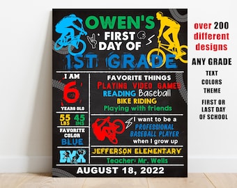 BMX First or Last day of school sign printable, Any Grade boys back to school chalkboard, kindergarten poster, bike, digital file