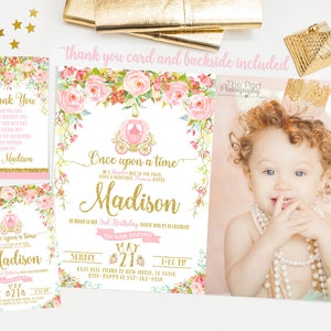 Uitnodiging prinses, roze en gouden eerste verjaardagsuitnodiging, uitnodiging prinseskoets, eerste verjaardagsuitnodiging meisje nr. 001