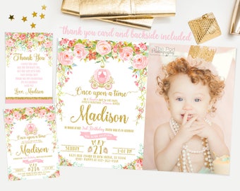 Princess invitation, Pink and gold first birthday invitation, princess carriage invitation, first birthday invitation girl No. 001