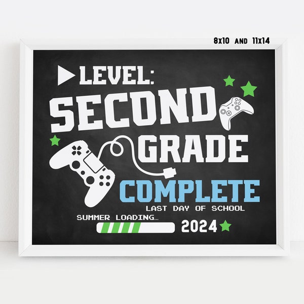 Gamer Last day of 2nd grade sign printable, End of school year photo prop 2024, Video game chalkboard poster, Digital file Instant download
