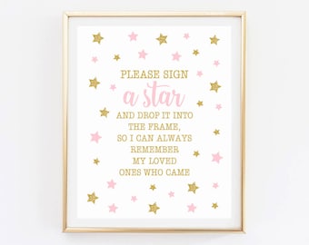 Sign a star Twinkle twinkle little star first birthday decoration, party favors, pink and gold, sign a guestbook instant download