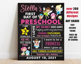 Fairies First day of school sign printable, girl back to school chalkboard preschool kindergarten pre-k 1st 2nd 3rd 4th 5th grade photo prop