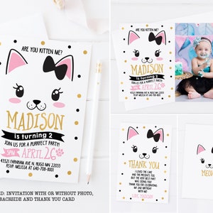 Uitnodiging kat, verjaardagsuitnodiging kitten, Kitty-uitnodiging, eerste verjaardagsuitnodiging, roze goud zwarte uitnodiging met foto, bedankkaart