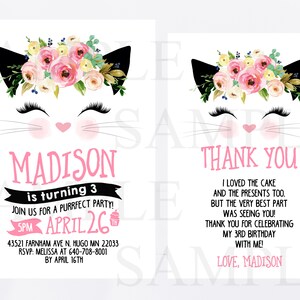 Puede incluir: Invitaci&oacute;n de cumplea&ntilde;os de tem&aacute;tica de gato rosa y negro con una diadema floral. La invitaci&oacute;n dice "Madison cumple 3 a&ntilde;os" e incluye detalles para una "fiesta perfecta" el 26 de abril a las 5 pm. La invitaci&oacute;n tambi&eacute;n incluye una direcci&oacute;n e informaci&oacute;n de RSVP.
