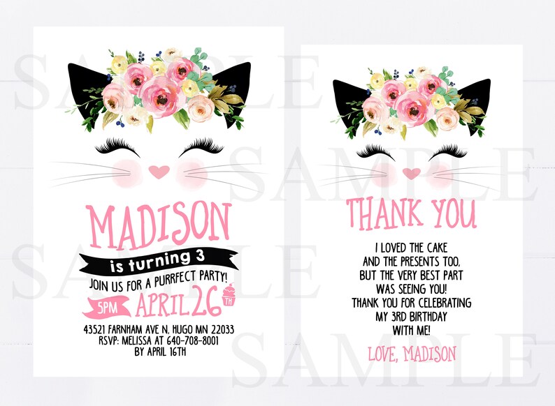 Puede incluir: Invitaci&oacute;n de cumplea&ntilde;os de tem&aacute;tica de gato rosa y negro con una diadema floral. La invitaci&oacute;n dice "Madison cumple 3 a&ntilde;os" e incluye detalles para una "fiesta perfecta" el 26 de abril a las 5 pm. La invitaci&oacute;n tambi&eacute;n incluye una direcci&oacute;n e informaci&oacute;n de RSVP.