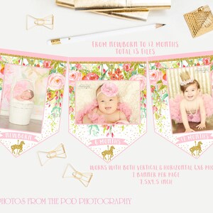 May include: Pink and gold printable baby milestone banner with floral designs and a carousel horse. The banner includes 13 files for each month from newborn to 12 months. The banner is 7.5 inches by 9.5 inches and works with both vertical and horizontal 4x6 photos.