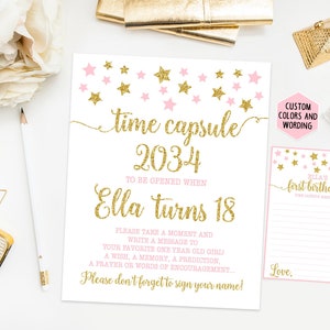 Teken eerste verjaardag tijdcapsule, fonkelende fonkelende kleine ster verjaardagsfeestje, roze en gouden eerste verjaardag, afdrukbare afdruk
