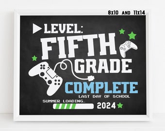 Gamer Last day of 5th grade sign printable, End of school year photo prop 2024, Video game chalkboard poster, Digital file Instant download