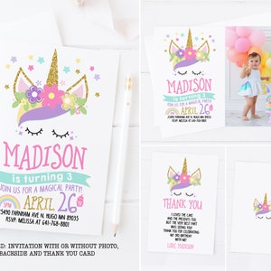 Unicorn invitation, unicorn birthday invitation printable, unicorn invitation with photo, rainbow unicorn first birthday party, unicorn face