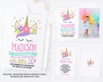 Unicorn invitation, unicorn birthday invitation printable, unicorn invitation with photo, rainbow unicorn first birthday party, unicorn face