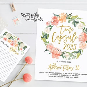 Cápsula do tempo primeiro aniversário placa com cartões, guirlanda floral primeiro aniversário festa, aquarela flores peônias, pêssego ouro, impressão para impressão 005
