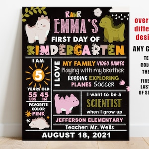 Dinosaur First day of school sign printable, girl back to school chalkboard poster, preschool, kindergarten, pre-k, 1st 2nd grade photo prop