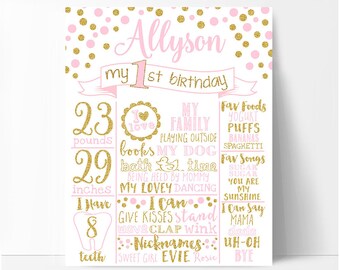 Letrero de pizarra para primer cumpleaños de niña en rosa y dorado, tablero de lunares para cumpleaños, fondo blanco o pizarra, imprimible n.° 002