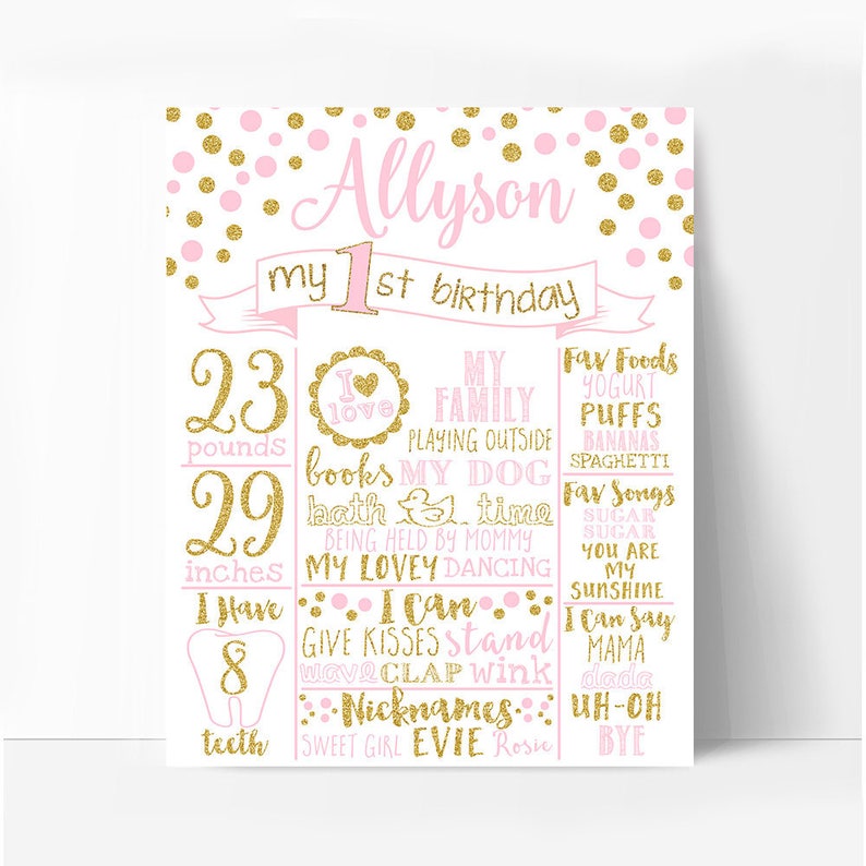 May include: A pink and gold first birthday milestone poster with the name Allyson. The poster lists the child's age, weight, height, favorite foods, songs, and other milestones.