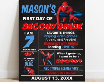 EDITABLE Superhero First or Last day of school sign, Personalized Boy Back to school chalkboard, Digital Printable Template Corjl S001