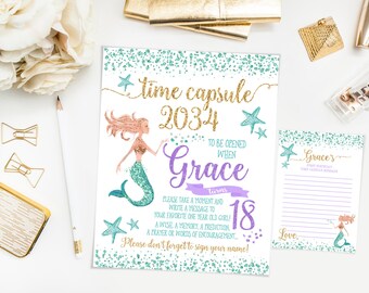 Letrero para primer cumpleaños con cápsula del tiempo de sirena, fiesta de cumpleaños de sirena, verde azulado, morado y dorado, impresión imprimible