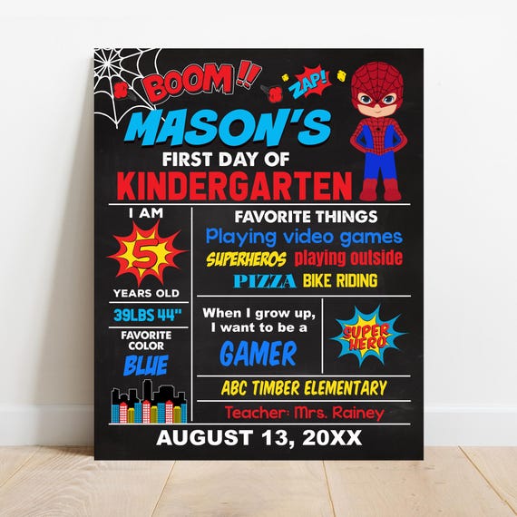 EDITABLE Superhero First or Last day of school sign, Any Grade Kindergarten Preschool Prek Photo Prop Digital Printable Template Corjl S111