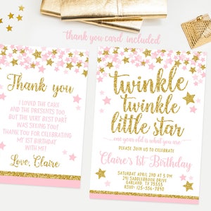 Twinkle twinkle little star first birthday invitation, Pink and gold girl 1st birthday invite, thank you card, photo invitation image 2