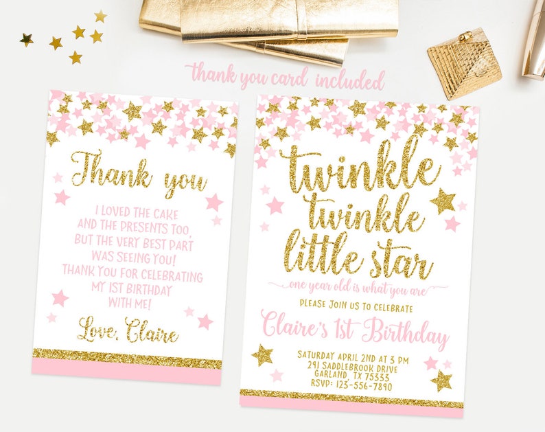 Twinkle twinkle little star first birthday invitation, Pink and gold girl 1st birthday invite, thank you card, photo invitation image 2