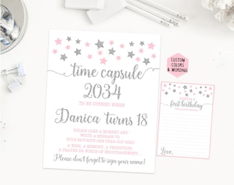 Time capsule first birthday sign, twinkle twinkle little star birthday party, pink and silver first birthday, printable print