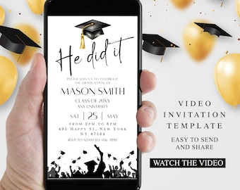 He did it Graduation Video Invitation, Minimalist Invite, Animated Grad Announcement, Grad Party Evite, Editable Template Instant Download