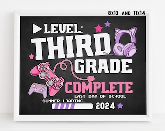 Last day of 3rd grade sign printable, Gamer Girl End of school year 2024 Video game chalkboard poster Digital file Instant download
