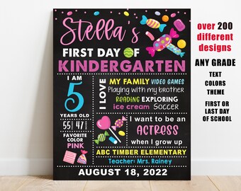 May include: A personalized chalkboard-style sign for the first day of kindergarten, featuring the name "Stella" in pink script. The sign includes the child's age, height (47 inches), favorite color, and interests. Decorative candy illustrations.