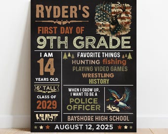 May include: A black chalkboard-style sign with text and graphics. The sign reads "Ryder's First Day of 9th Grade." It includes details like age, height (183 cm), class year (2029), favorite things, and future career goal: Police Officer.