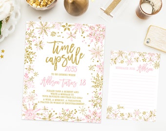 Time capsule first birthday, winter onederland first birthday party, pink and gold party decoration, snowflakes printable print