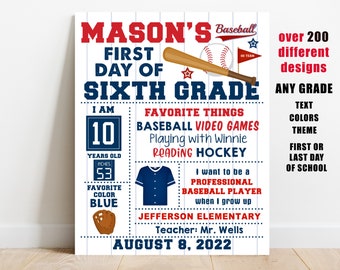 Baseball First day of school sign printable, boy back to school white poster, kindergarten, 1st 2nd 3rd 4th 5th 6th 7th grade digital