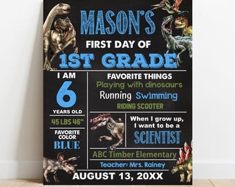 EDITABLE Dinosaurs First or Last day of school sign, Any Grade Kindergarten Preschool Chalkboard, photo prop Digital Printable Template S093