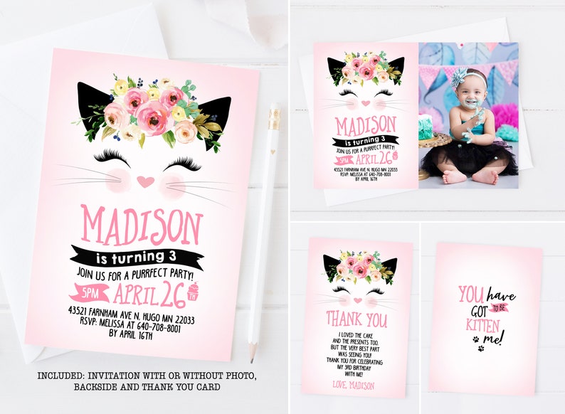 Puede incluir: Invitaci&oacute;n a una fiesta de cumplea&ntilde;os de tem&aacute;tica de gato rosa y negro con una corona de flores, el texto "Madison cumple 3 a&ntilde;os" y "&iexcl;&Uacute;nete a nosotros para una fiesta purrfecta!" y la fecha "26 de abril".