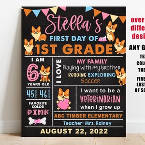 Corgi Dogs First day of school sign printable, puppy back to school chalkboard, preschool, girl kindergarten, pre-k, 1st 2nd 3rd 4th grade