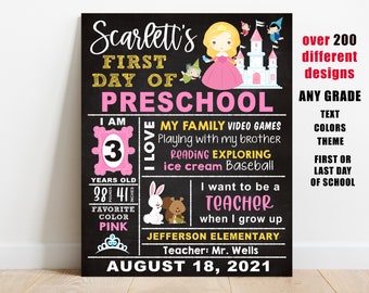 Princess First day of school sign printable, girl back to school chalkboard, kindergarten, pre-k, 1st 2nd 3rd grade, digital file, last day