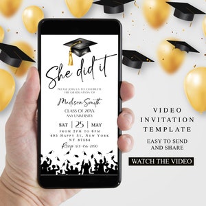She did it Minimalist Invite, Video Graduation Invitation,  Animated Grad Announcement, Grad Party Evite, Editable Template Instant Download
