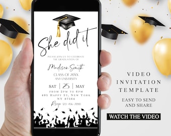 She did it Minimalist Invite, Graduation Video Invitation,  Animated Grad Announcement, Grad Party Evite, Editable Template Instant Download