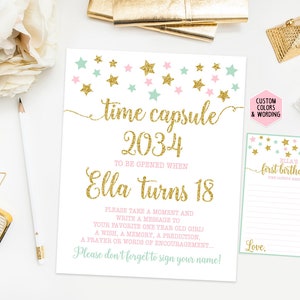 Time capsule first birthday sign, twinkle twinkle little star birthday party, mint pink and gold first birthday, printable print
