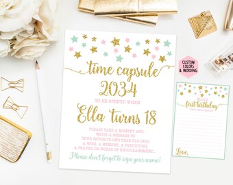 Time capsule first birthday sign, twinkle twinkle little star birthday party, mint pink and gold first birthday, printable print